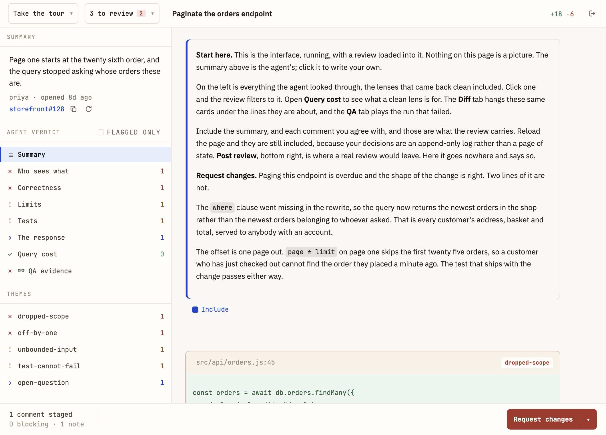 dev.review open on a pull request, the agent's findings listed beside the diff they are about, with Request changes ready to send