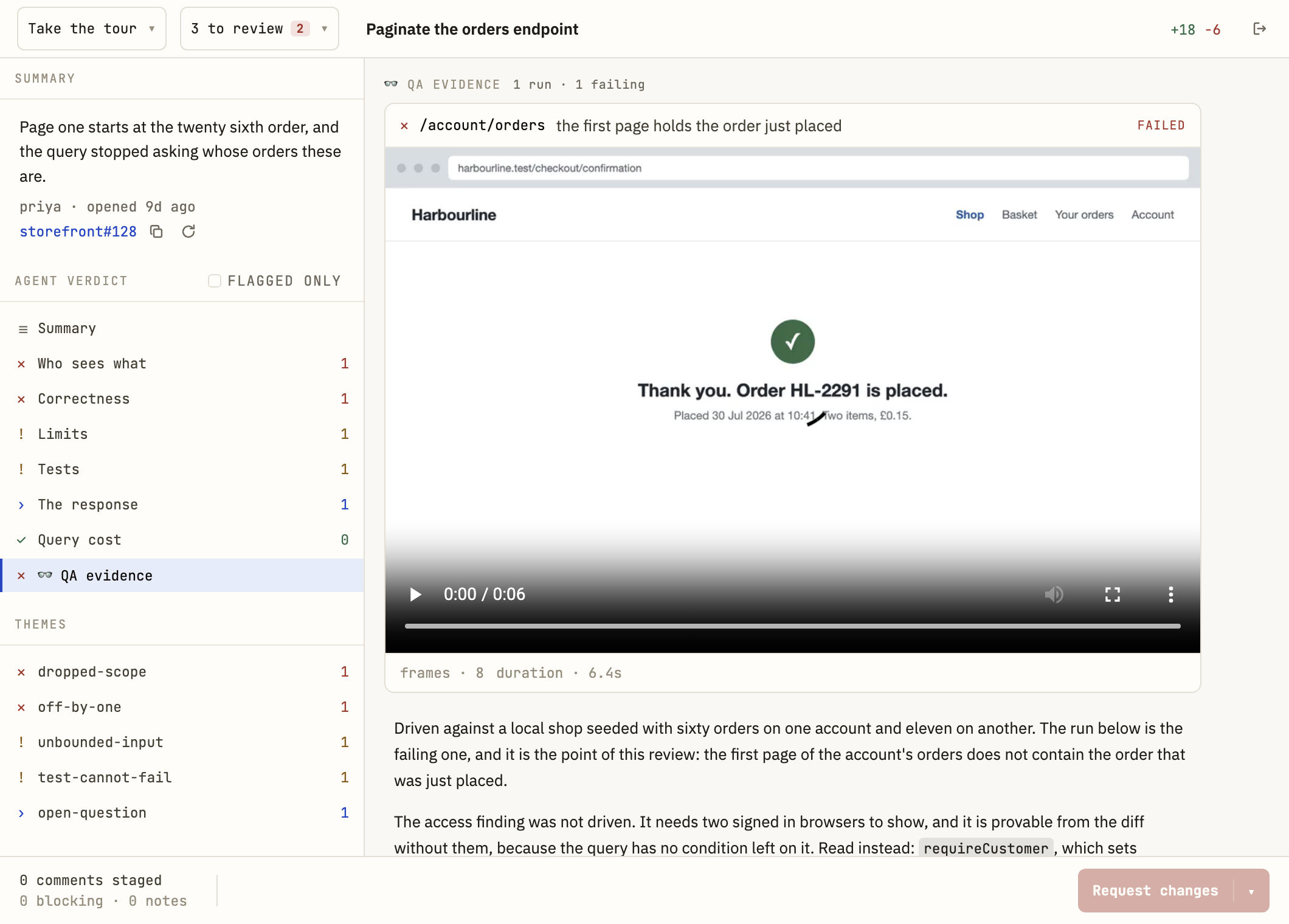 A failing QA run: a recorded browser session confirming a shop's own order confirmation page, with the finding it evidences named beneath it