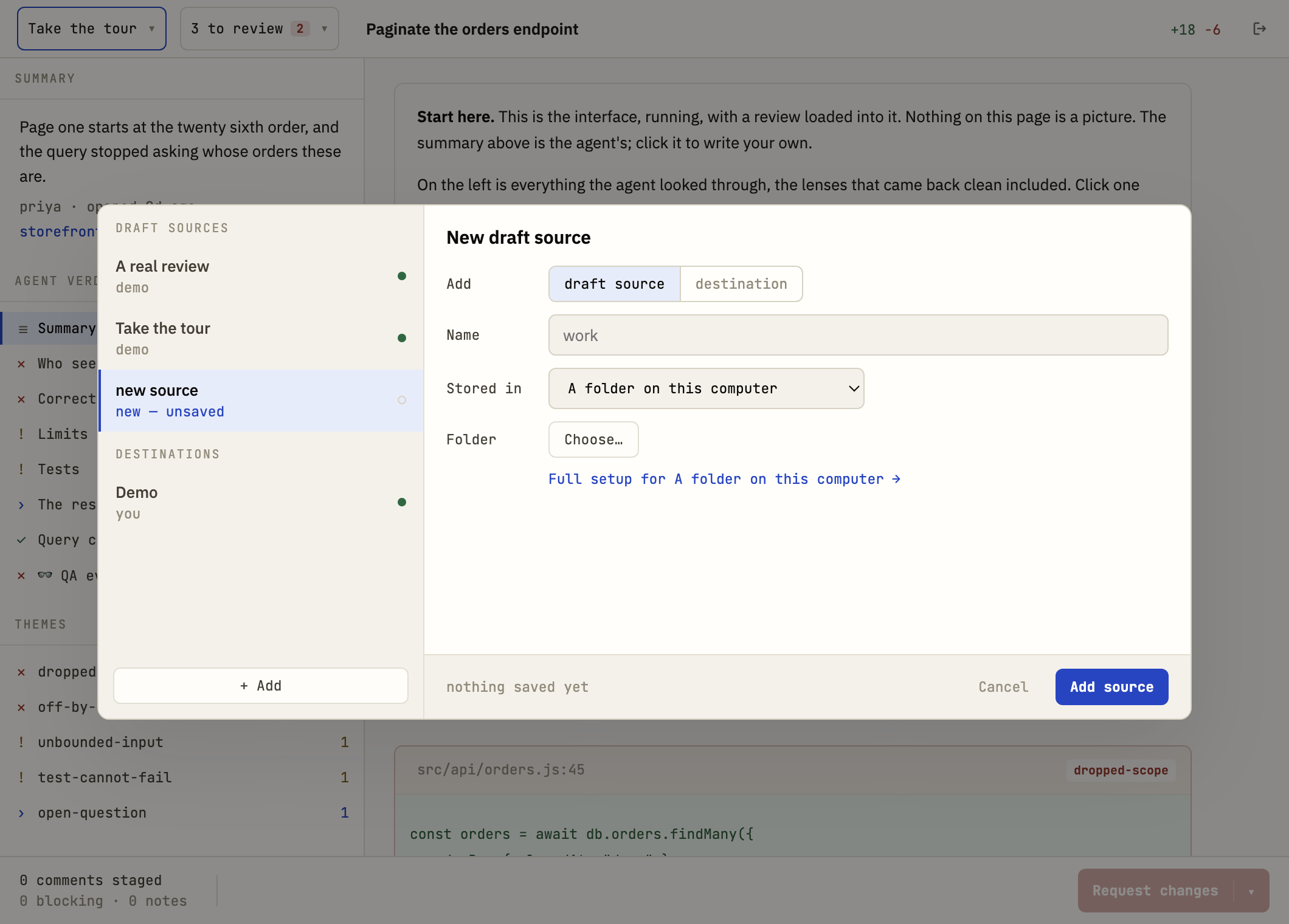 The new-source form with A folder on this computer chosen, a Choose... button in place of fields, and a Full setup for A folder on this computer link underneath